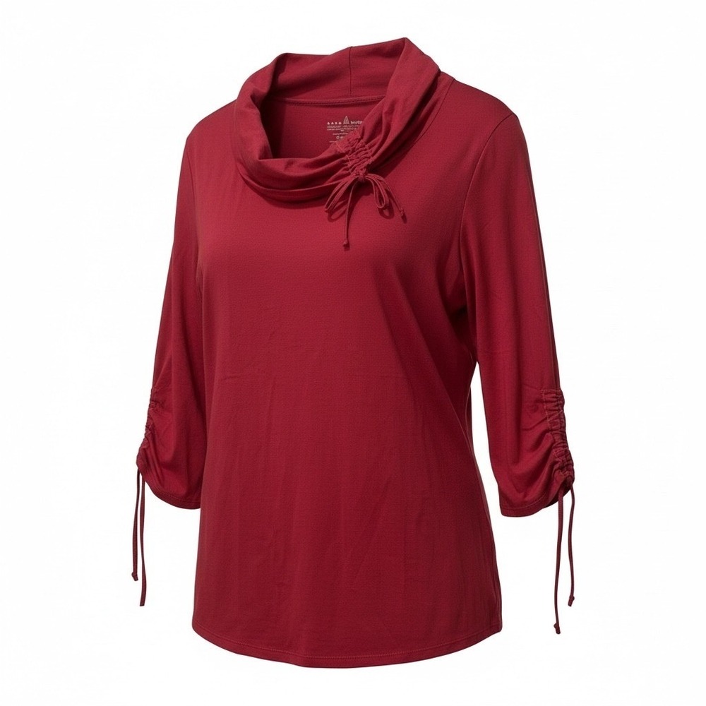 Neon Buddha cherry Red Ruched Cowl Neck 3/4 Sleeve Cotton Spandex Top Large